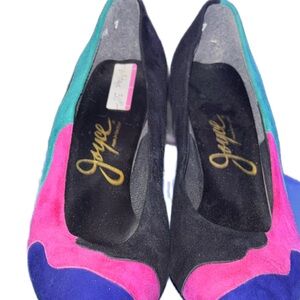 Vintage Joyce Pumps Heels Shoes Black With Jewel Tone Green/Fuchsia/Blue Women 7